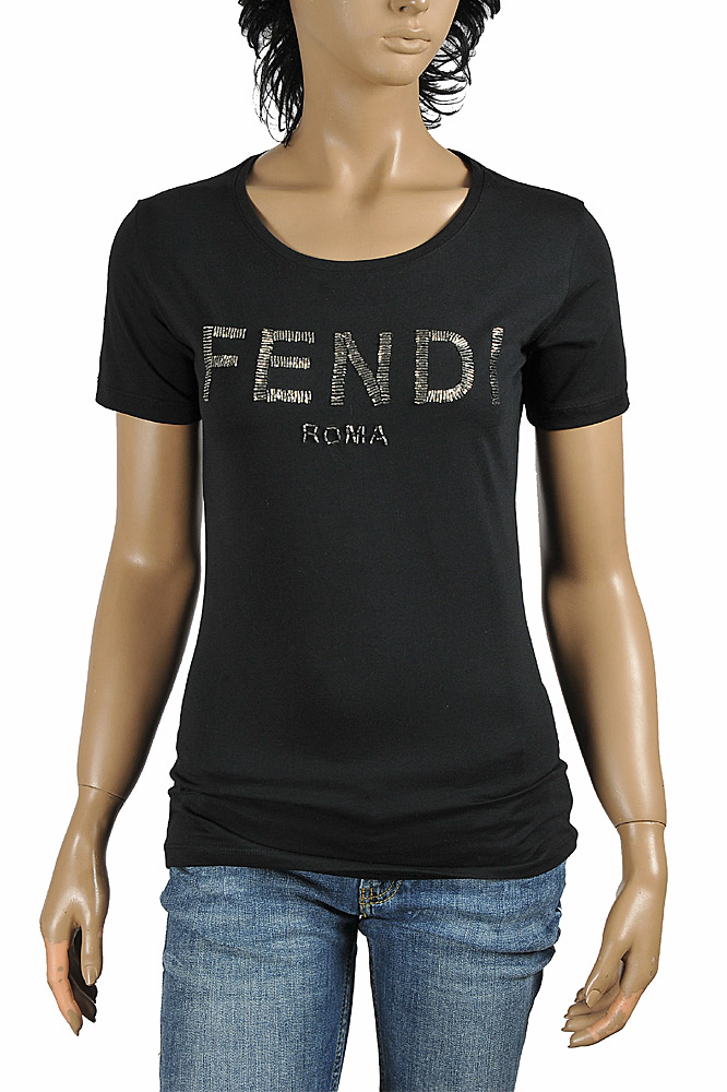 Womens Designer Clothes | FENDI women’s cotton T-shirt with front logo appliqué 40