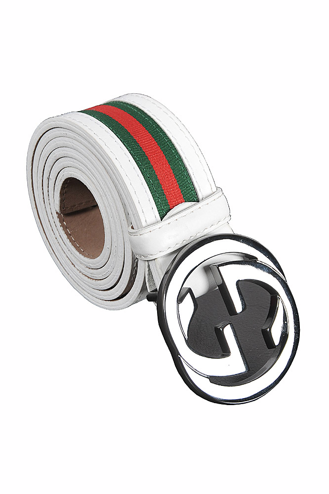 Mens Designer Clothes | GUCCI GG leather buckle belt with red and green stripe 75