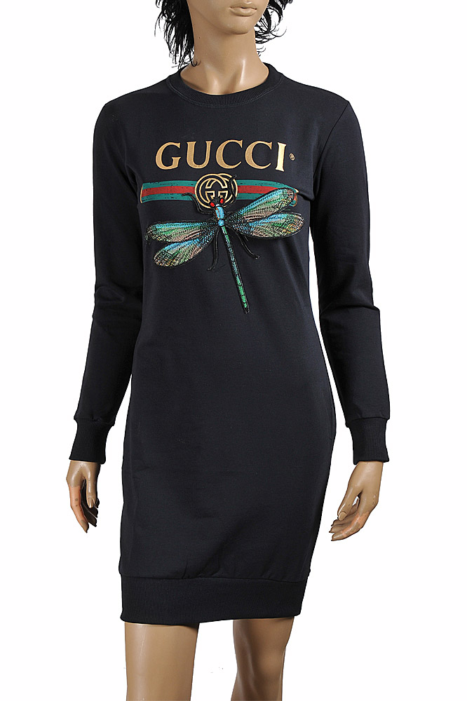 Womens Designer Clothes | GUCCI cotton long dress with front dragonfly appliqué 397
