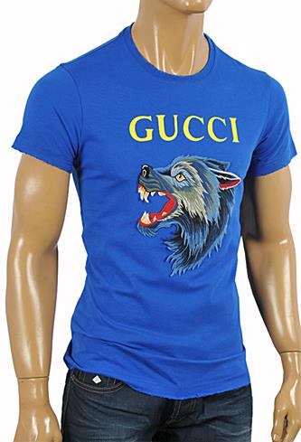 Mens Designer Clothes | GUCCI Cotton T-Shirt with Angry Wolf Embroidery #220