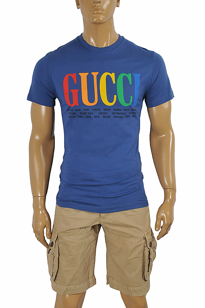 Mens Designer Clothes | GUCCI cotton T-shirt with front print in royal blue color 263