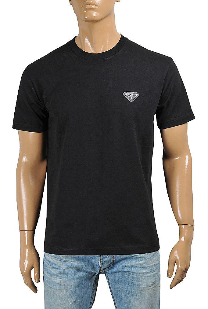 Mens Designer Clothes | PRADA Men's t-shirt in black with metal logo patch 122