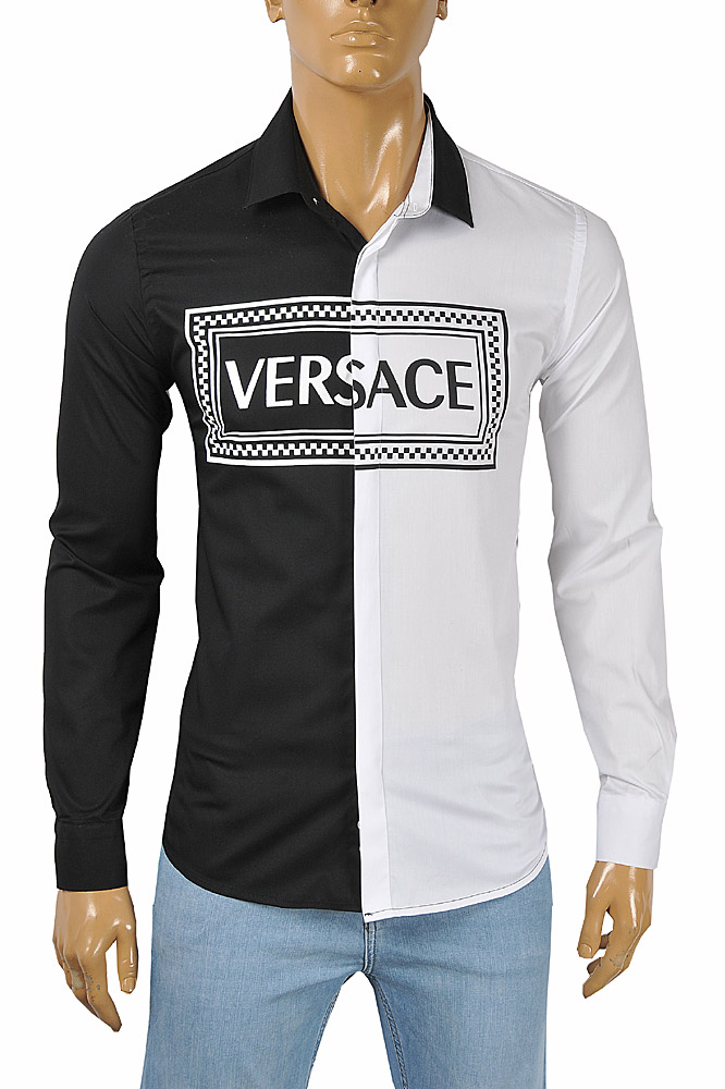 Mens Designer Clothes | VERSACE Men's White and Black Dress Shirt 185