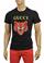Mens Designer Clothes | GUCCI Cotton T-Shirt with Angry Red Cat Embroidery #221 View 1